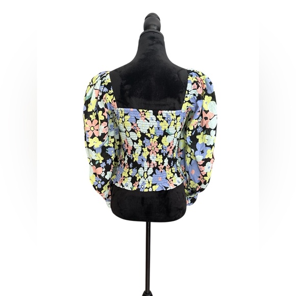 Free People Smocked Floral Puff Sleeve Top XS – Square Neck Black Multicolor - Picture 7 of 13